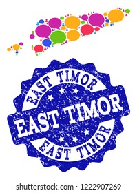 Social network map of East Timor and blue scratched stamp seal. Mosaic map of East Timor is designed with blog clouds. Flat design elements for social network projects.