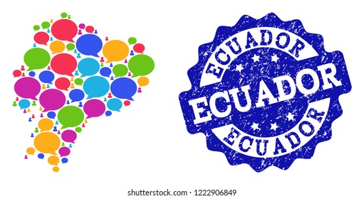 Social network map of Ecuador and blue rubber stamp seal. Mosaic map of Ecuador is designed with dialog messages. Flat design elements for social network applications.