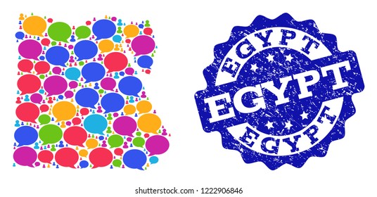Social network map of Egypt and blue distress stamp seal. Mosaic map of Egypt is formed with forum messages. Abstract design elements for social network posters.