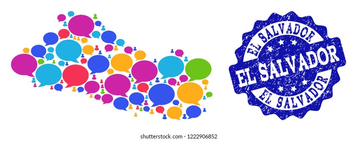 Social network map of El Salvador and blue rubber stamp seal. Mosaic map of El Salvador is composed with speak bubbles. Flat design elements for social network posters.