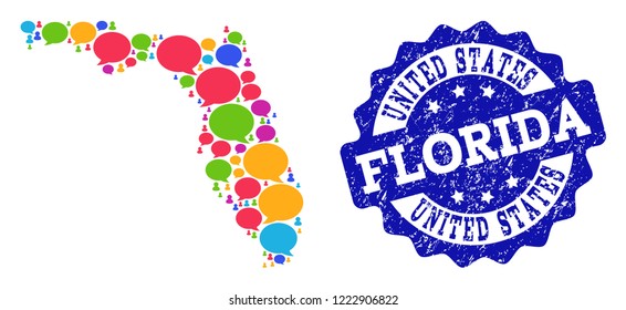 Social network map of Florida State and blue rubber stamp seal. Mosaic map of Florida State is formed with talk clouds. Flat design elements for social illustrations.