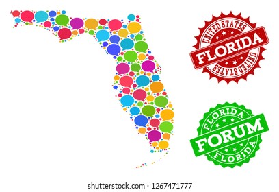 Social network map of Florida State and rubber stamp seals in red and green colors. Mosaic map of Florida State is created with speak bubbles. Flat design elements for social network purposes.