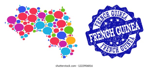 Social network map of French Guinea and blue scratched stamp seal. Mosaic map of French Guinea is created with talk bubbles. Abstract design elements for social network posters.