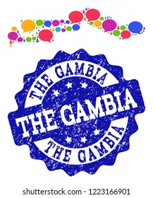 Social network map of the Gambia and blue grunge stamp seal. Mosaic map of the Gambia is designed with voice clouds. Flat design elements for social network projects.