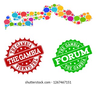 Social network map of the Gambia and scratched stamp seals in red and green colors. Mosaic map of the Gambia is designed with chat messages. Flat design elements for social projects.