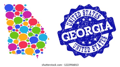 Social network map of Georgia State and blue scratched stamp seal. Mosaic map of Georgia State is created with speak bubbles. Flat design elements for social network applications.