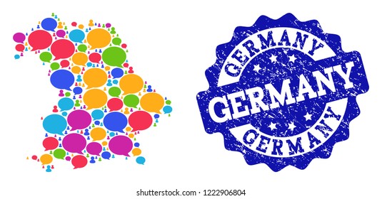 Social network map of Germany and blue distress stamp seal. Mosaic map of Germany is formed with word clouds. Flat design elements for social network projects.