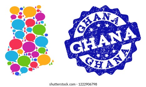Social network map of Ghana and blue rubber stamp seal. Mosaic map of Ghana is created with tag bubbles. Abstract design elements for social network illustrations.