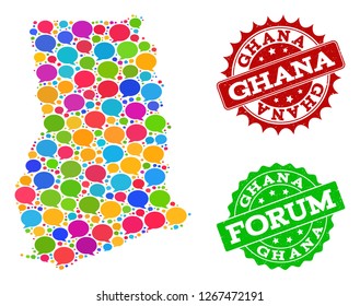 Social network map of Ghana and grunge stamp seals in red and green colors. Mosaic map of Ghana is designed with communication clouds. Abstract design elements for social network projects.