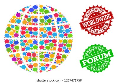 Social network map of global world and grunge stamp seals in red and green colors. Mosaic map of global world is designed with discussion messages.