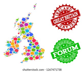 Social network map of Great Britain and Ireland and distress stamp seals in red and green colors. Mosaic map of Great Britain and Ireland is designed with talk bubbles.