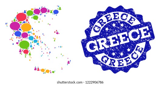 Social network map of Greece and blue grunge stamp seal. Mosaic map of Greece is created with SMS clouds. Flat design elements for social network posters.