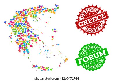 Social network map of Greece and rubber stamp seals in red and green colors. Mosaic map of Greece is designed with chat clouds. Flat design elements for social projects.