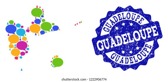 Social network map of Guadeloupe and blue distress stamp seal. Mosaic map of Guadeloupe is composed with media bubbles. Flat design elements for social network applications.