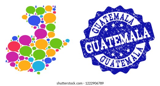 Social network map of Guatemala and blue rubber stamp seal. Mosaic map of Guatemala is formed with media bubbles. Flat design elements for social network applications.