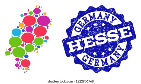 Social network map of Hesse State and blue scratched stamp seal. Mosaic map of Hesse State is composed with media bubbles. Abstract design elements for social network posters.