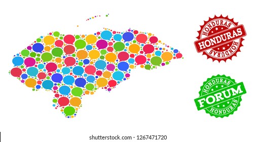 Social network map of Honduras and distress stamp seals in red and green colors. Mosaic map of Honduras is composed with speak bubbles. Abstract design elements for social purposes.