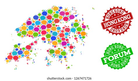 Social network map of Hong Kong and grunge stamp seals in red and green colors. Mosaic map of Hong Kong is created with blog clouds. Abstract design elements for social network posters.