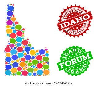 Social network map of Idaho State and distress stamp seals in red and green colors. Mosaic map of Idaho State is created with blog bubbles. Abstract design elements for social network projects.