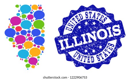 Social network map of Illinois State and blue grunge stamp seal. Mosaic map of Illinois State is formed with speech clouds. Abstract design elements for social network posters.