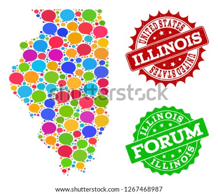 Social network map of Illinois State and rubber stamp seals in red and green colors. Mosaic map of Illinois State is composed with speak messages. Flat design elements for social network purposes.