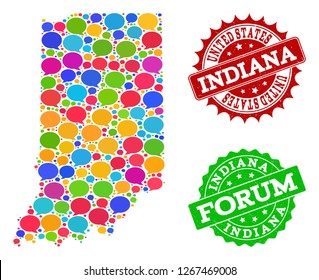 Social network map of Indiana State and distress stamp seals in red and green colors. Mosaic map of Indiana State is formed with speak messages. Flat design elements for social network projects.