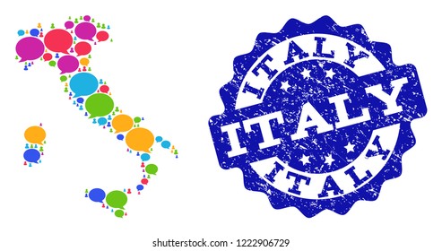 Social network map of Italy and blue distress stamp seal. Mosaic map of Italy is composed with discussion clouds. Abstract design elements for social network applications.