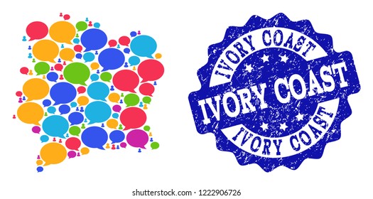 Social network map of Ivory Coast and blue scratched stamp seal. Mosaic map of Ivory Coast is formed with speech messages. Abstract design elements for social network purposes.