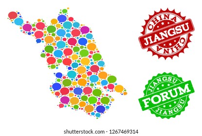 Social network Map of Jiangsu Province and grunge stamp seals in red and green colors. Mosaic Map of Jiangsu Province is designed with communication messages.