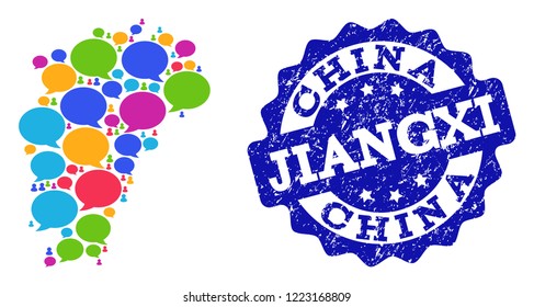Social network Map of Jiangxi Province and blue scratched stamp seal. Mosaic Map of Jiangxi Province is formed with communication clouds. Abstract design elements for social network applications.