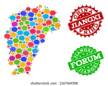 Social network Map of Jiangxi Province and grunge stamp seals in red and green colors. Mosaic Map of Jiangxi Province is formed with speak messages. Abstract design elements for social applications.