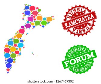 Social network map of Kamchatka Peninsula and distress stamp seals in red and green colors. Mosaic map of Kamchatka Peninsula is composed with blog messages.