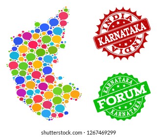 Social network map of Karnataka State and distress stamp seals in red and green colors. Mosaic map of Karnataka State is composed with dialog clouds.