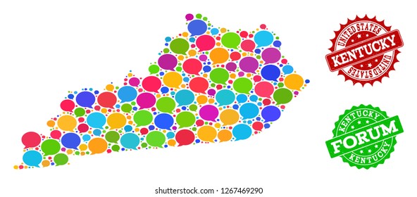 Social network map of Kentucky State and grunge stamp seals in red and green colors. Mosaic map of Kentucky State is composed with SMS clouds. Flat design elements for social network purposes.