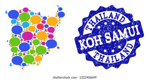 Social network map of Koh Samui and blue distress stamp seal. Mosaic map of Koh Samui is formed with conversation clouds. Abstract design elements for social network projects.
