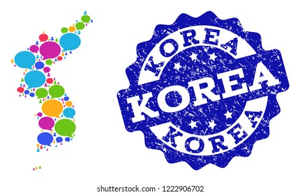 Social network map of Korea and blue scratched stamp seal. Mosaic map of Korea is created with discussion bubbles. Flat design elements for social network projects.