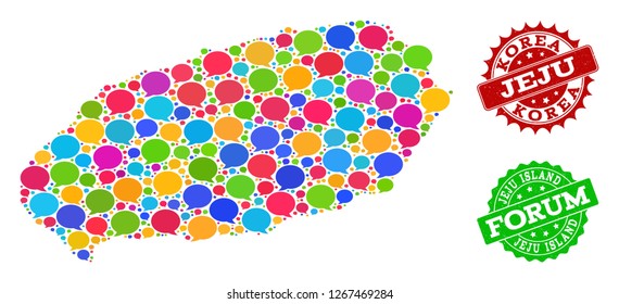 Social network map of Korean Jeju Island and rubber stamp seals in red and green colors. Mosaic map of Korean Jeju Island is designed with voice clouds.