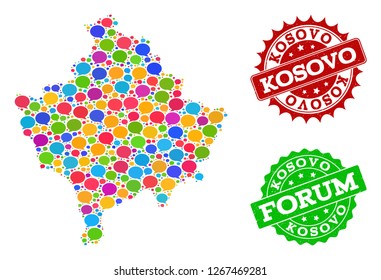 Social network map of Kosovo and distress stamp seals in red and green colors. Mosaic map of Kosovo is created with blog messages. Flat design elements for social network projects.
