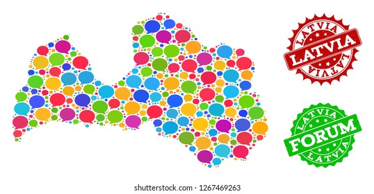 Social network map of Latvia and distress stamp seals in red and green colors. Mosaic map of Latvia is designed with forum clouds. Flat design elements for social network purposes.