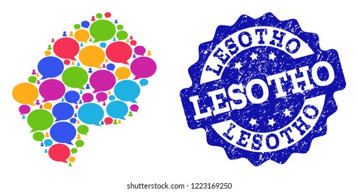 Social network map of Lesotho and blue grunge stamp seal. Mosaic map of Lesotho is created with media bubbles. Abstract design elements for social network projects.