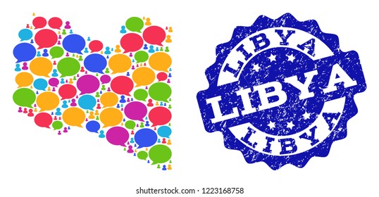 Social network map of Libya and blue scratched stamp seal. Mosaic map of Libya is formed with word clouds. Abstract design elements for social network purposes.