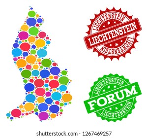 Social network map of Liechtenstein and rubber stamp seals in red and green colors. Mosaic map of Liechtenstein is composed with word clouds. Abstract design elements for social network illustrations.