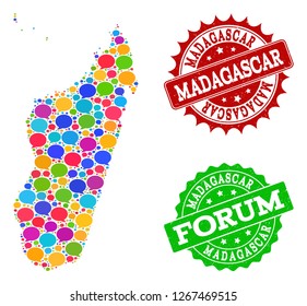 Social network map of Madagascar Island and rubber stamp seals in red and green colors. Mosaic map of Madagascar Island is composed with speech bubbles.