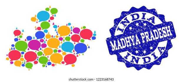 Social network map of Madhya Pradesh State and blue scratched stamp seal. Mosaic map of Madhya Pradesh State is designed with speech messages.