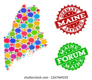 Social network map of Maine State and distress stamp seals in red and green colors. Mosaic map of Maine State is designed with voice bubbles. Flat design elements for social network projects.
