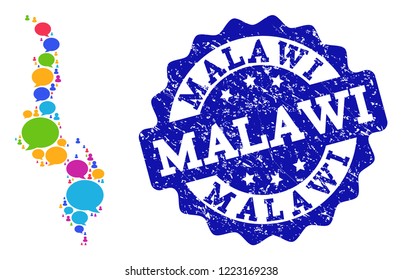 Social network map of Malawi and blue distress stamp seal. Mosaic map of Malawi is designed with SMS messages. Flat design elements for social network applications.