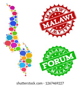 Social network map of Malawi and rubber stamp seals in red and green colors. Mosaic map of Malawi is formed with dialog messages. Flat design elements for social network purposes.