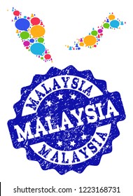 Social network map of Malaysia and blue scratched stamp seal. Mosaic map of Malaysia is composed with word bubbles. Abstract design elements for social network purposes.