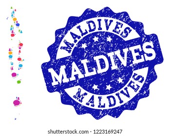 Social network map of Maldives and blue grunge stamp seal. Mosaic map of Maldives is composed with communication bubbles. Abstract design elements for social network purposes.