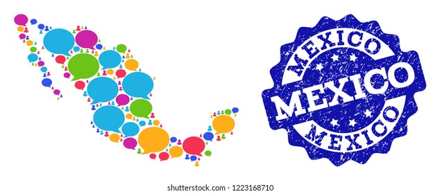 Social network map of Mexico and blue distress stamp seal. Mosaic map of Mexico is formed with discussion messages. Flat design elements for social network projects.